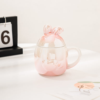 Kawaii Pink Shiny Bunny Ceramic Mug with Bunny Ears Lid