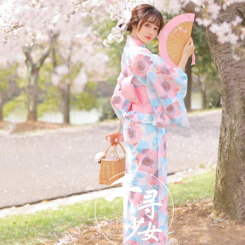 Model Wearing Pink and Blue Floral Kawaii Yukata
