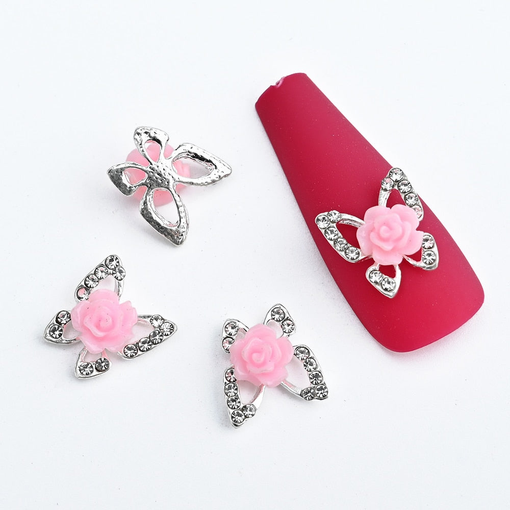 Kawaii Pink Rose Butterfly Nail Charms