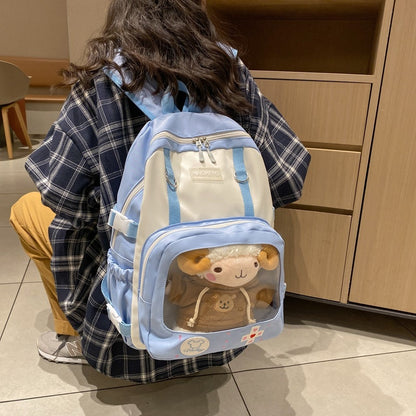 Model Wearing Pastel Purple Game Design Plushie Backpack With Ram Plushie