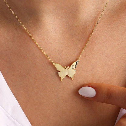 Kawaii Butterfly Initial Letter Necklace in Gold Tone