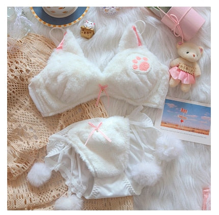 Kawaii White Cat Paw Plush Underwear Set