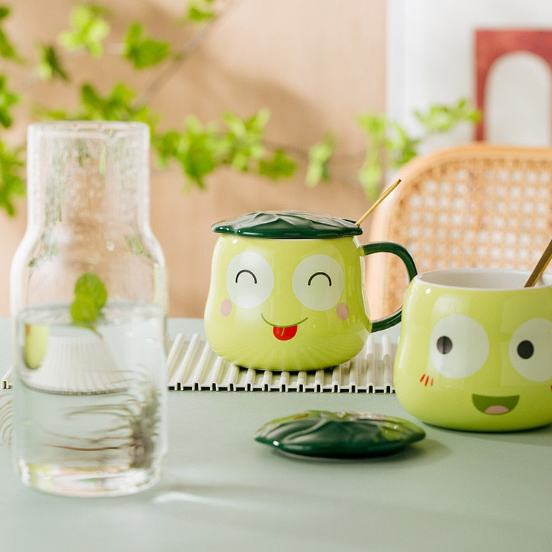 Cute Frog Mugs With Lid & Spoon