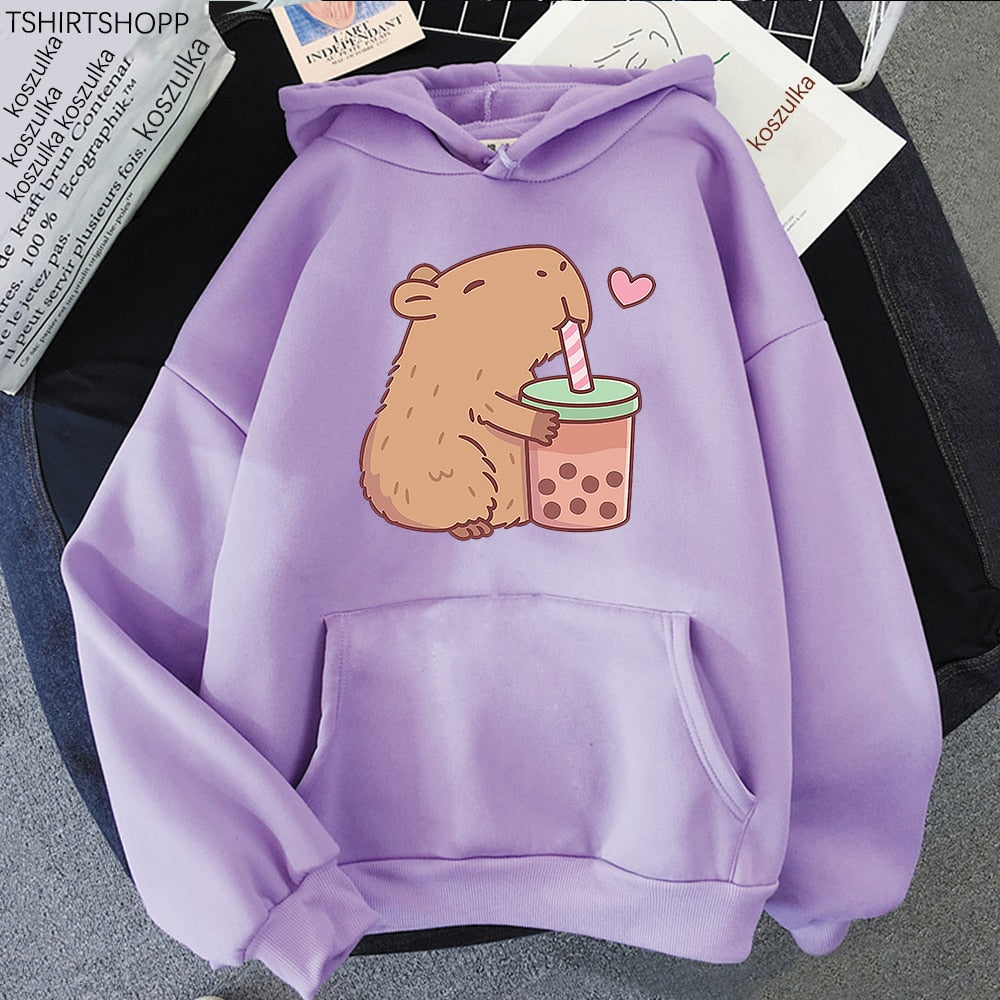 Kawaii Purple Capybara Loves Boba Tea Hoodie