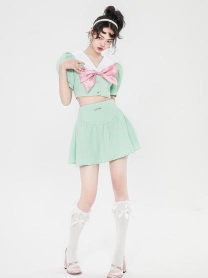 Model Wearing Kawaii Pastel Green Japanese School Outfit
