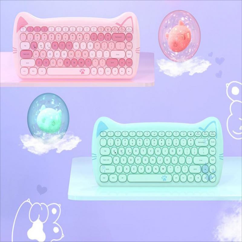 Kawaii Green and Pink Cat Shaped Wireless Keyboards