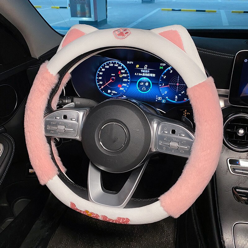 Kawaii Light Pink Plush Cat Steering Wheel Cover