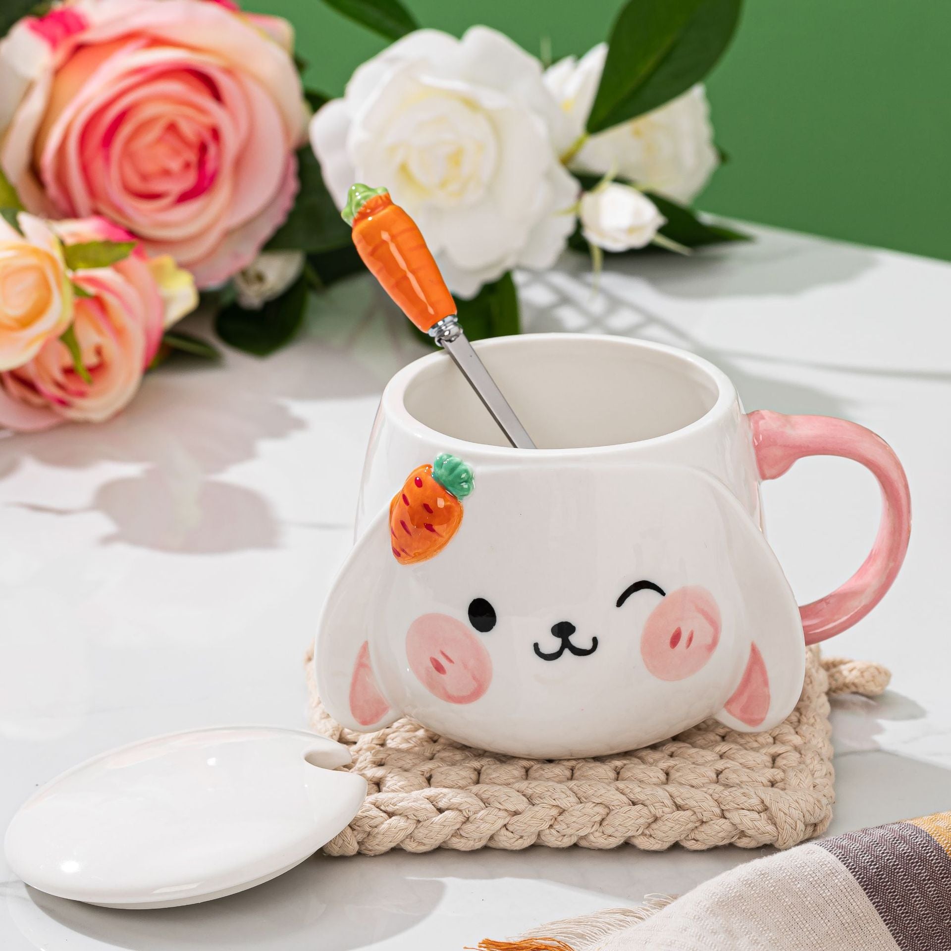 Kawaii Ceramic Bunny Mug With Lid & Carrot Spoon