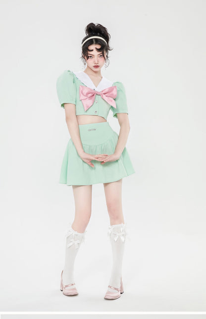 Model Wearing Kawaii Pastel Green Japanese School Uniform