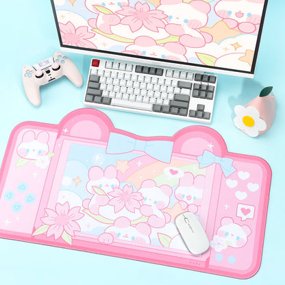 Kawaii Pink Bunnies and Bears With Cherry Blossoms in a Game Consol Desk Pad
