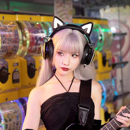 Model Wearing Kawaii Black Luminous Cat Ears Headphones