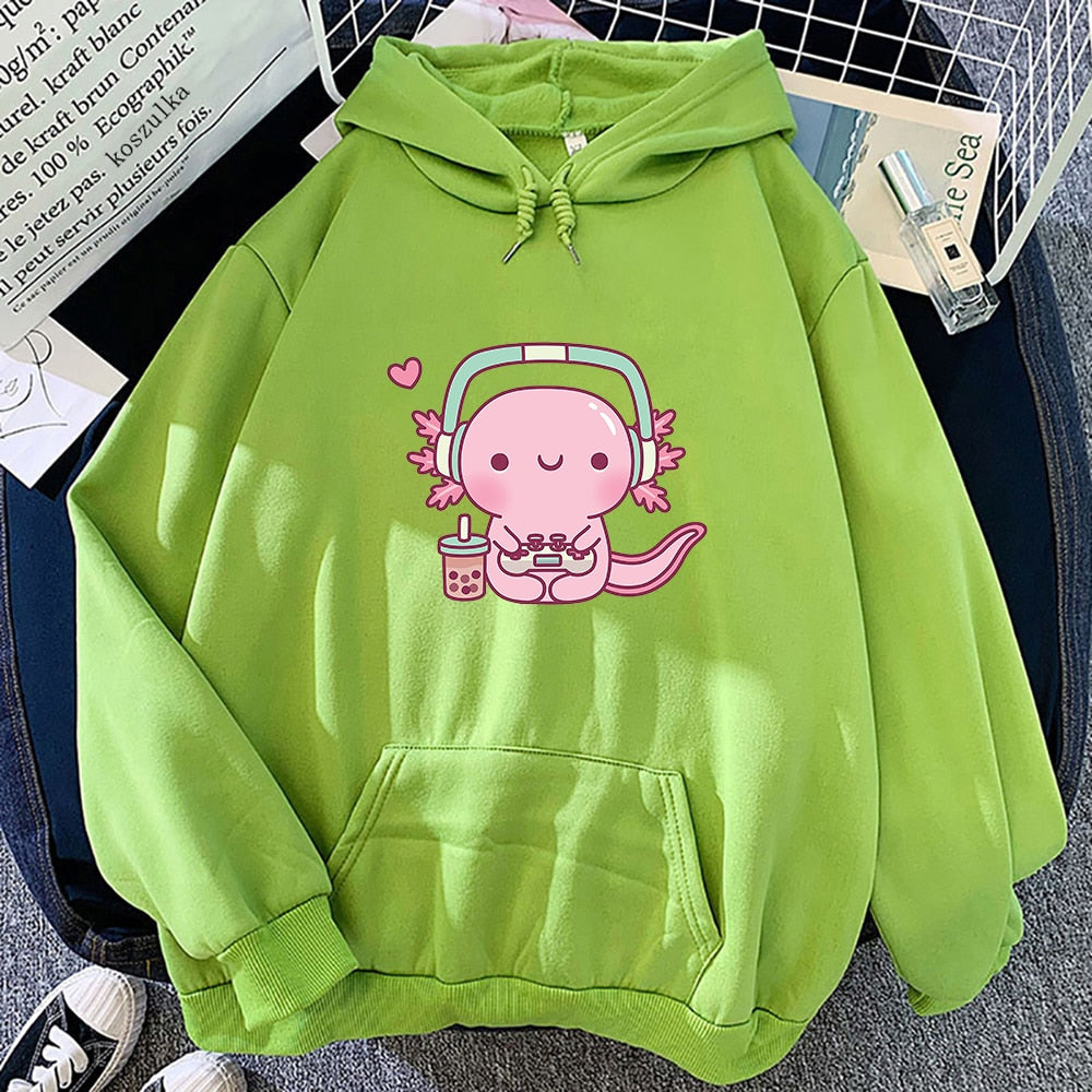 Kawaii Bright Green Axolotl Gamer Hoodie