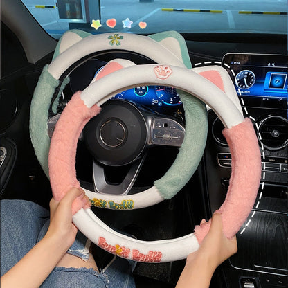 Kawaii Green and Pink Plush Cat Steering Wheel Cover
