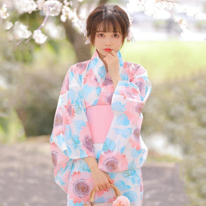 Model Wearing Kawaii Pink and Blue Floral Yukata