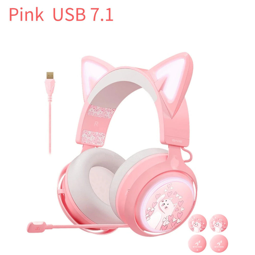 Kawaii Pink Luminous Cat Ears Headphones Lit Up