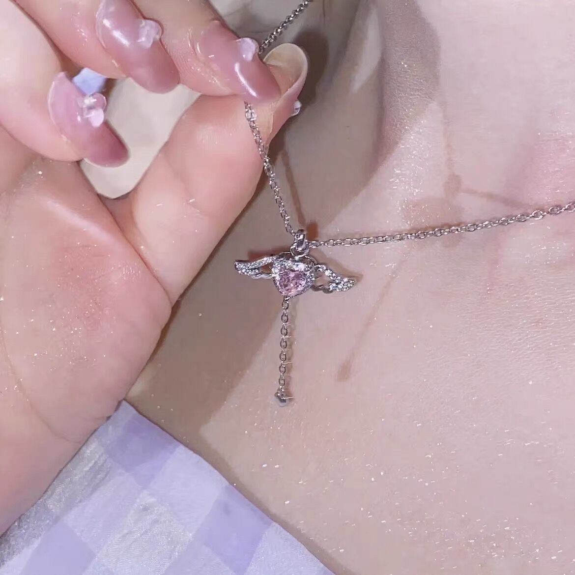 Kawaii Pink Crystal Heart Angel Wings Pendant Necklace