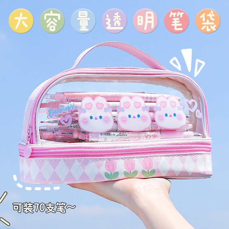 Kawaii Bunny Double-Layer Transparent Pencil Bag