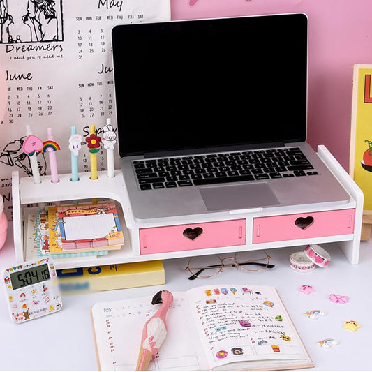 Kawaii Monitor and Laptop Desk Riser With Two Drawers in Pink