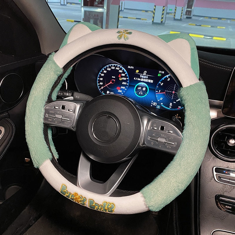 Kawaii Pastel Green Plush Cat Steering Wheel Cover