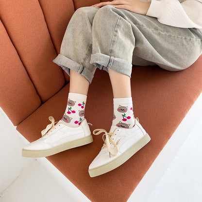 Model Wearing Kawaii Cat and Cherries Socks With White Sneakers
