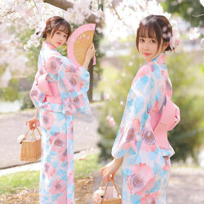 Kawaii Pink and Blue Floral Yukata