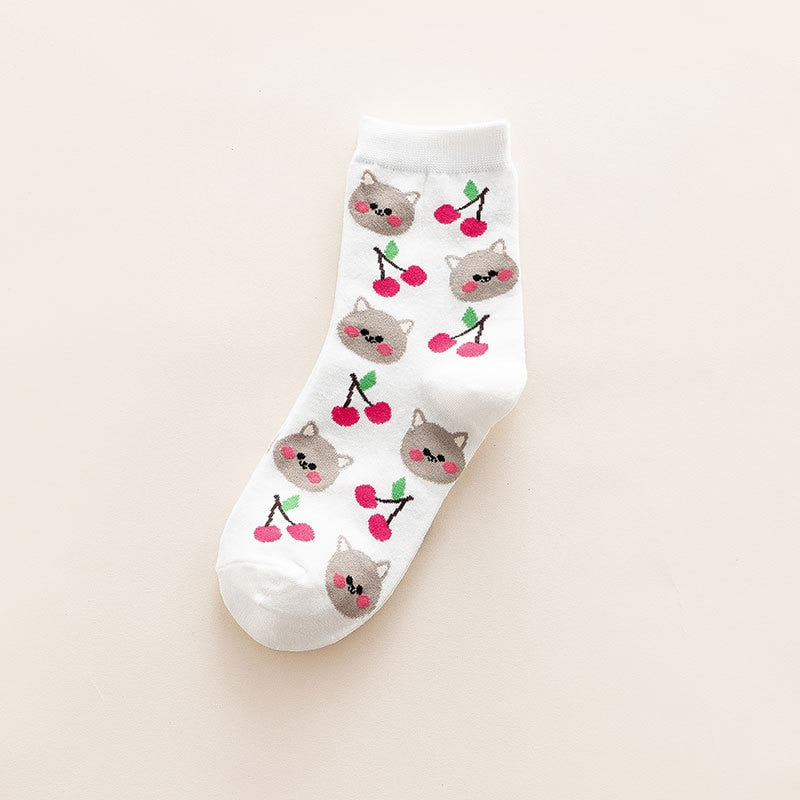 Kawaii Cat and Cherries Sock