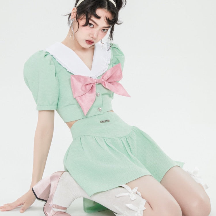 Model Wearing Kawaii Pastel Green Japanese School Outfit