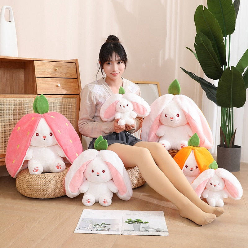 Model with Kawaii Carrot and Strawberry Bunny Plushies