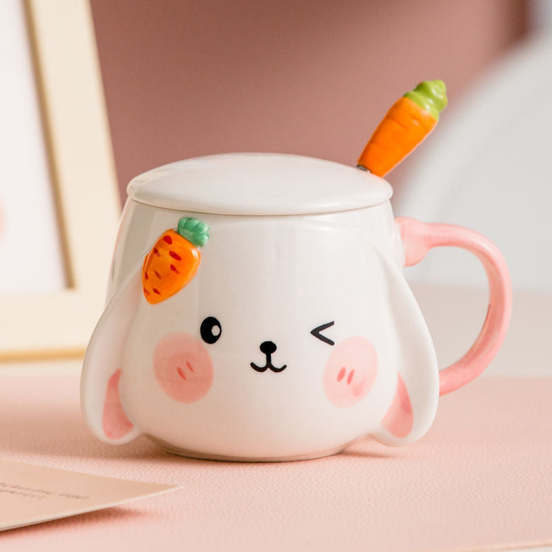 Cute Ceramic Bunny Mug With Lid & Carrot Spoon
