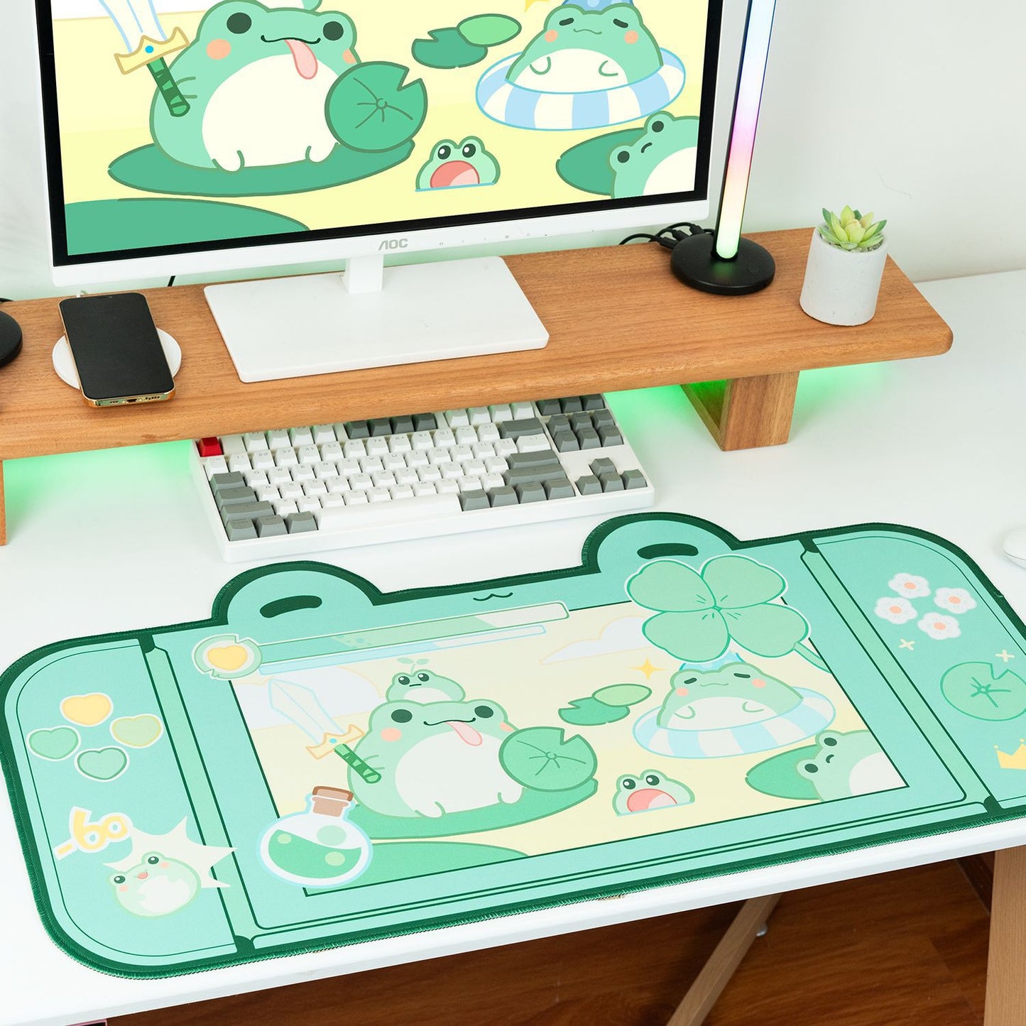 Kawaii Lily Pad Frog Desk Pad on a Desk