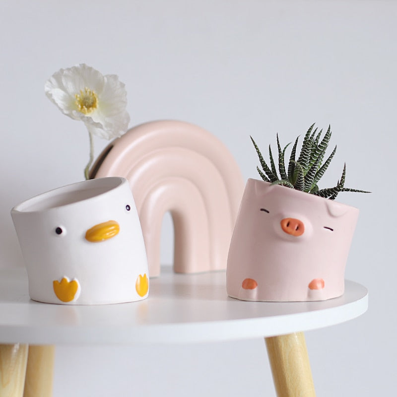Kawaii Crooked Duck and Pig Planters