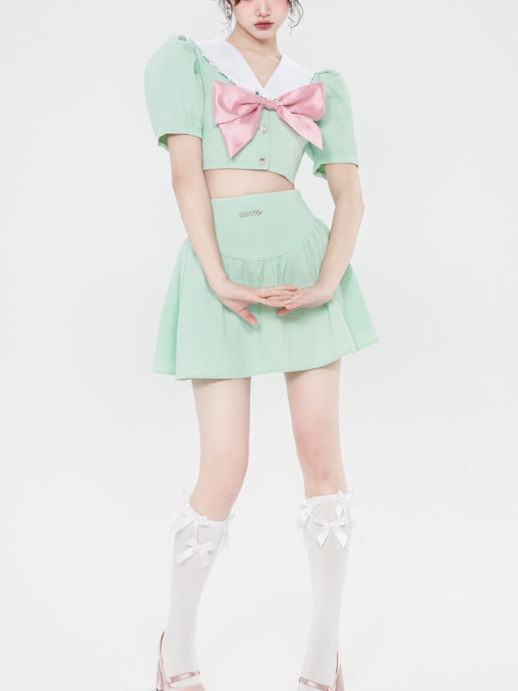 Model Wearing Kawaii Pastel Green Japanese School Outfit