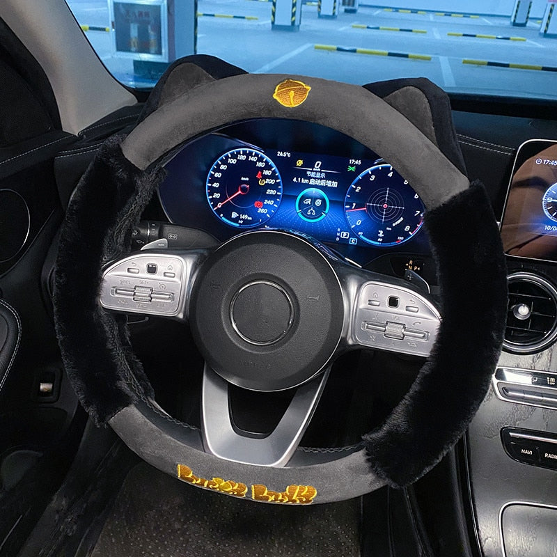 Kawaii Black Plush Cat Steering Wheel Cover