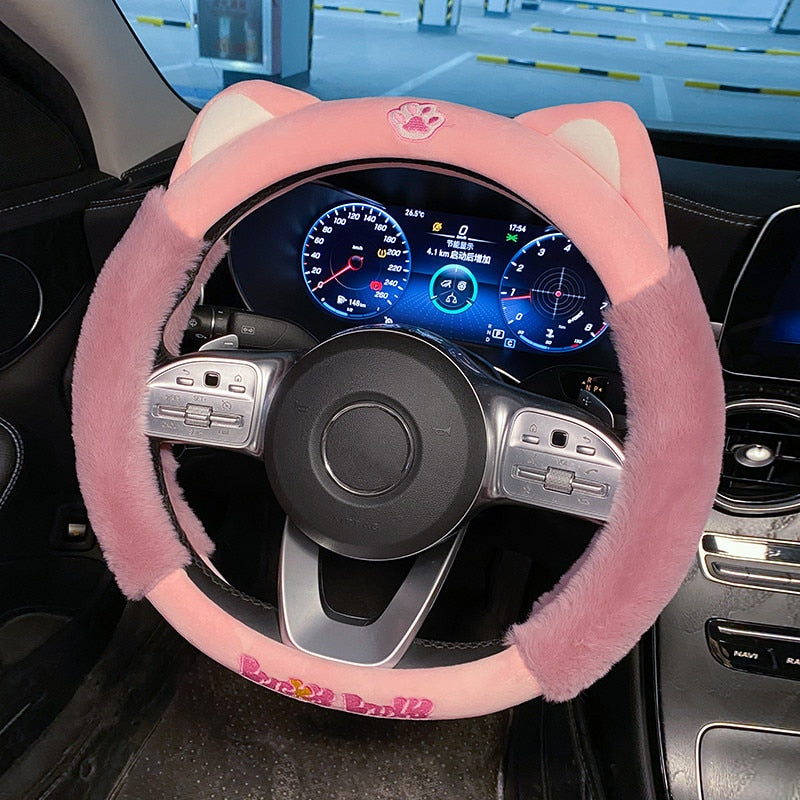 Kawaii Dark Pink Plush Cat Steering Wheel Cover