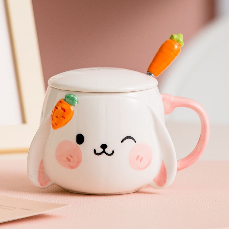 Kawaii Ceramic Bunny Winking Mug With Lid & Carrot Spoon