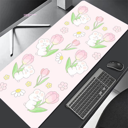 Kawaii Light Pink Flower Bunny Desk Pad