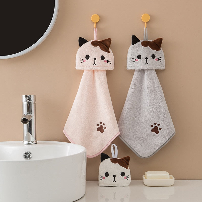 Kawaii Pink and Grey Cat Hand Towels