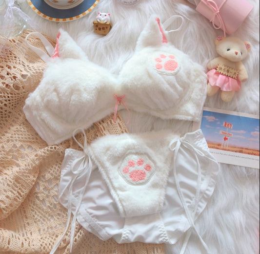Kawaii White Cat Paw Plush Underwear Set