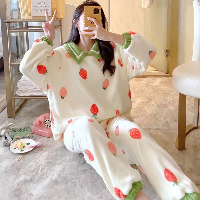 Kawaii Strawberry Print Winter Pajamas