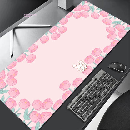 Kawaii Pink Flower Bunny Desk Pad