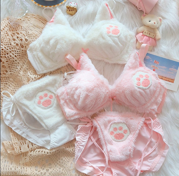 Kawaii Clothing Cat Bra Pink White Faux Fur Panties Bustier