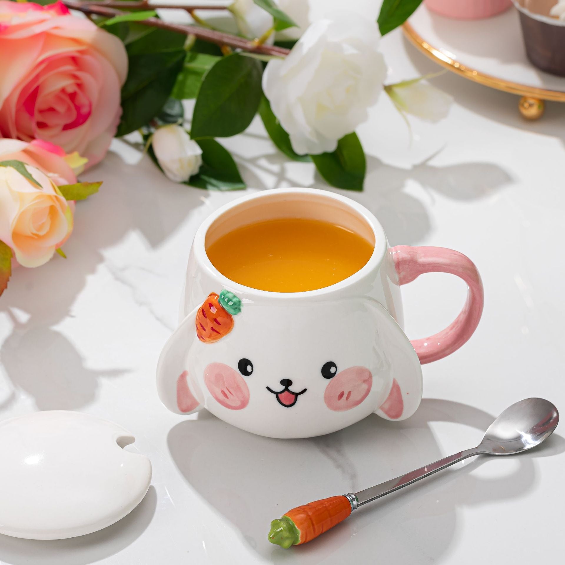 Cute Ceramic Bunny Mug With Lid & Carrot Spoon