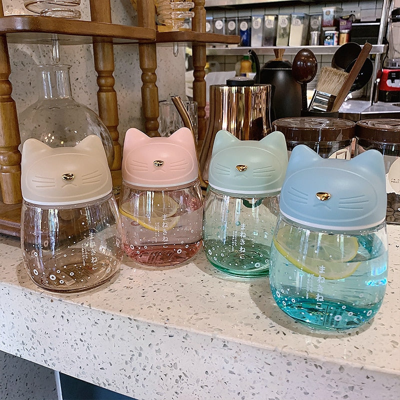 Kawaii Tan, Pink, Green, and Blue Cat Glass Bottles