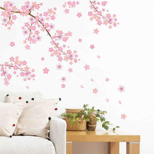 Kawaii Cherry Blossom Wall Decal Avove a Couch and Side Table
