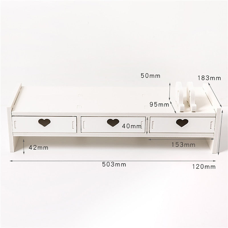Kawaii Kawaii Monitor and Laptop Desk Riser With Three Drawers in White