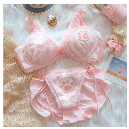 Kawaii Pink Cat Paw Plush Underwear Set