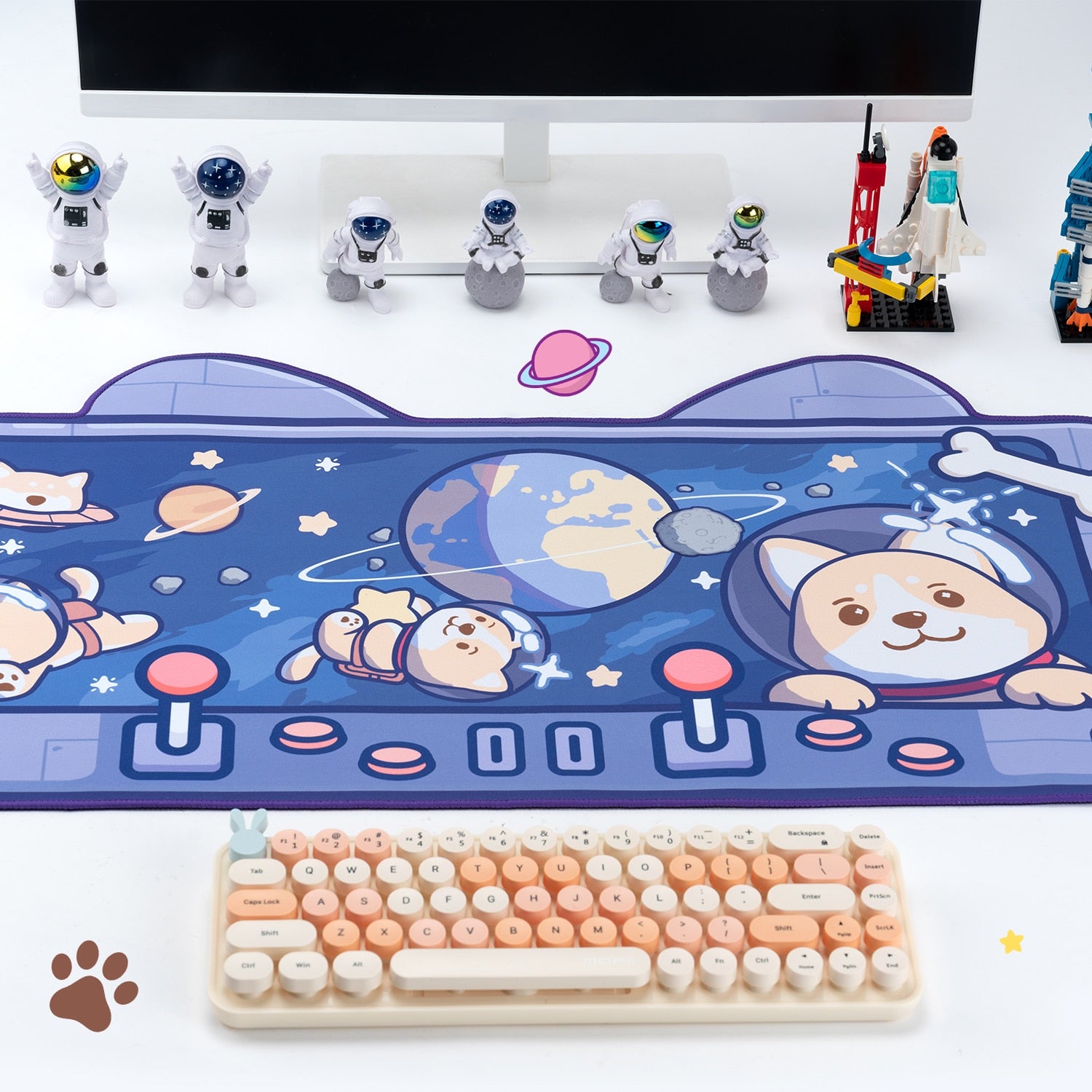 Kawaii Shiba Inu in Space Desk Pad on a Desk