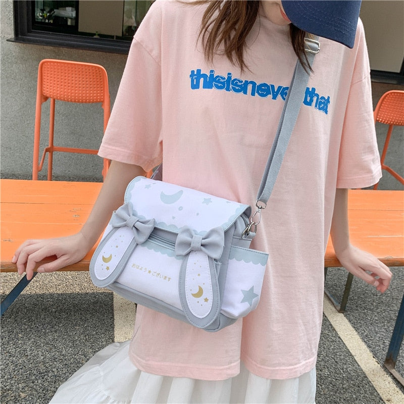 Model Wearing our Kawaii Grey and White Bunny Purse