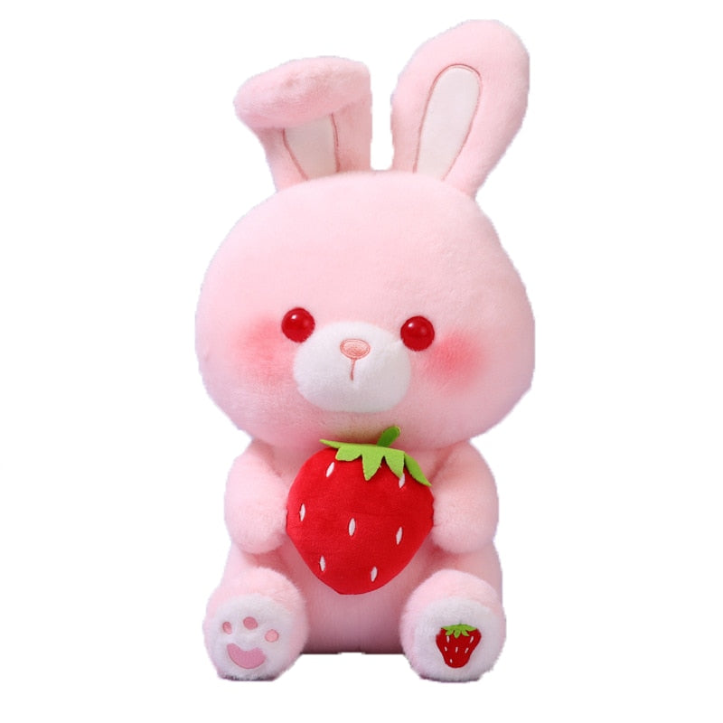 Kawaii Pink Bunny Plushie Holding a Strawberry