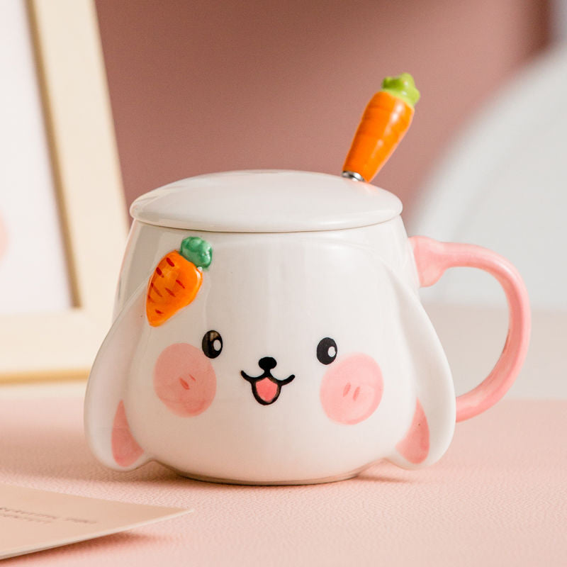 Kawaii Ceramic Smiling Bunny Mug With Lid & Carrot Spoon